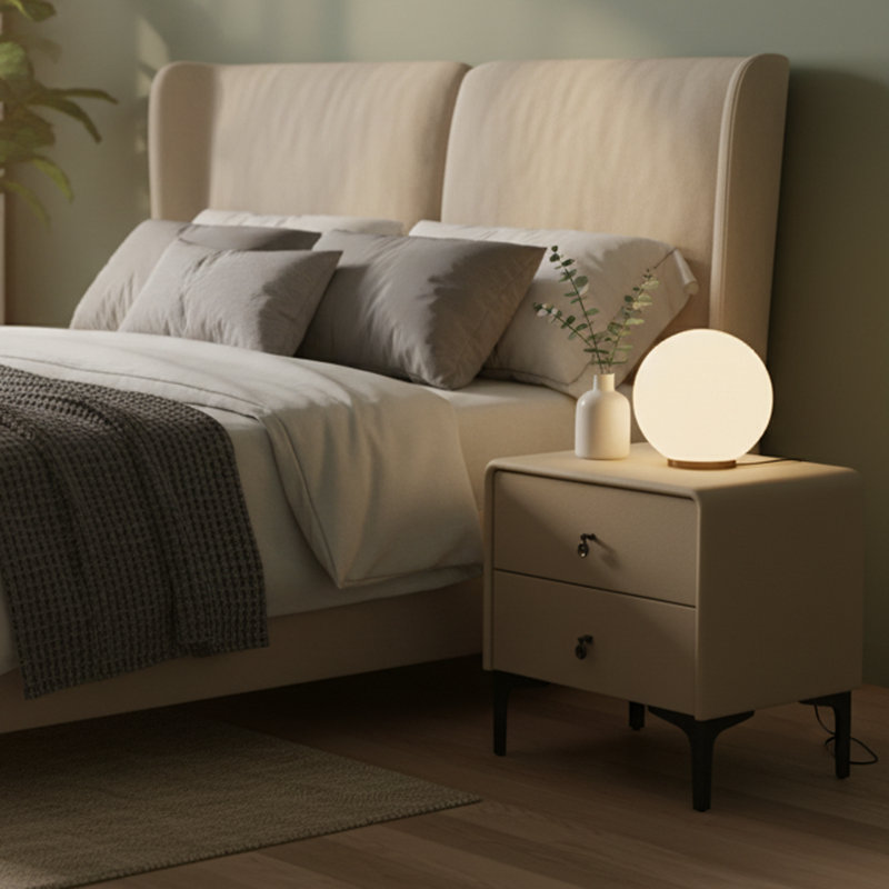Contemporary Scandinavian Storage Nightstand - Cream Faux Leather Dual Drawer Bedside Table For Bedroom Lumendat