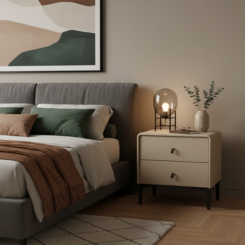 Contemporary Scandinavian Storage Nightstand - Cream Faux Leather Dual Drawer Bedside Table For Bedroom Lumendat