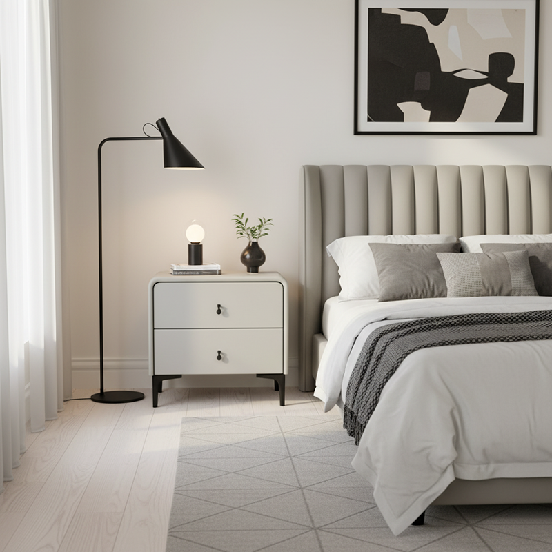 Contemporary Scandinavian Storage Nightstand - Cream Faux Leather Dual Drawer Bedside Table For Bedroom Lumendat