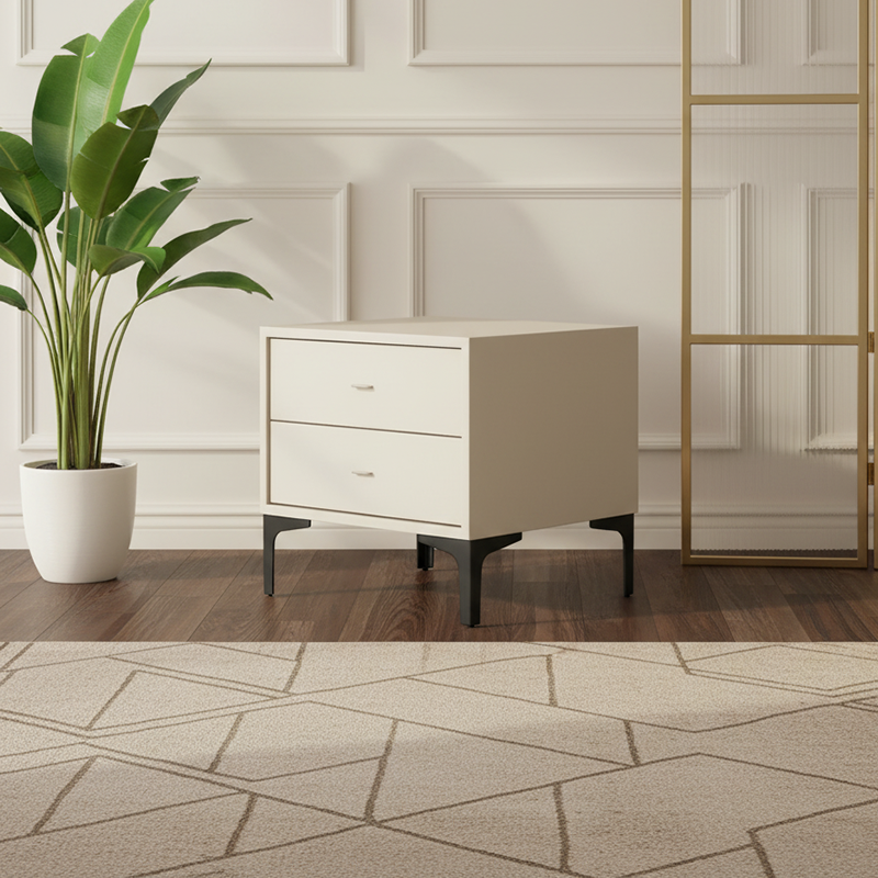 Contemporary Cream White Bedside Table With Dual Drawers - Scandinavian Faux Leather Nightstand For Modern Bedroom Lumendat