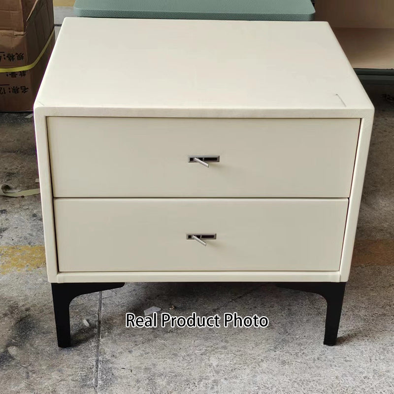 Contemporary Cream White Bedside Table With Dual Drawers - Scandinavian Faux Leather Nightstand For Modern Bedroom Lumendat