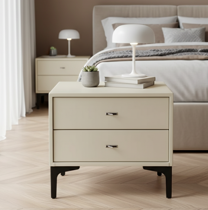Contemporary Cream White Bedside Table With Dual Drawers - Scandinavian Faux Leather Nightstand For Modern Bedroom Lumendat
