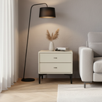 Contemporary Cream White Bedside Table With Dual Drawers - Scandinavian Faux Leather Nightstand For Modern Bedroom Lumendat