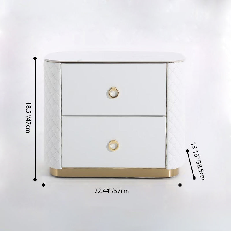 Modern Luxury 2-Drawer Quilted Leather Nightstand - Gold Base & Marble Top Glam Diamond Stitching Bedside Table For Bedroom Lumendat