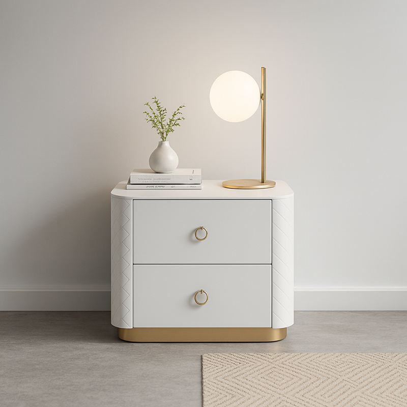 Modern Luxury 2-Drawer Quilted Leather Nightstand - Gold Base & Marble Top Glam Diamond Stitching Bedside Table For Bedroom Lumendat