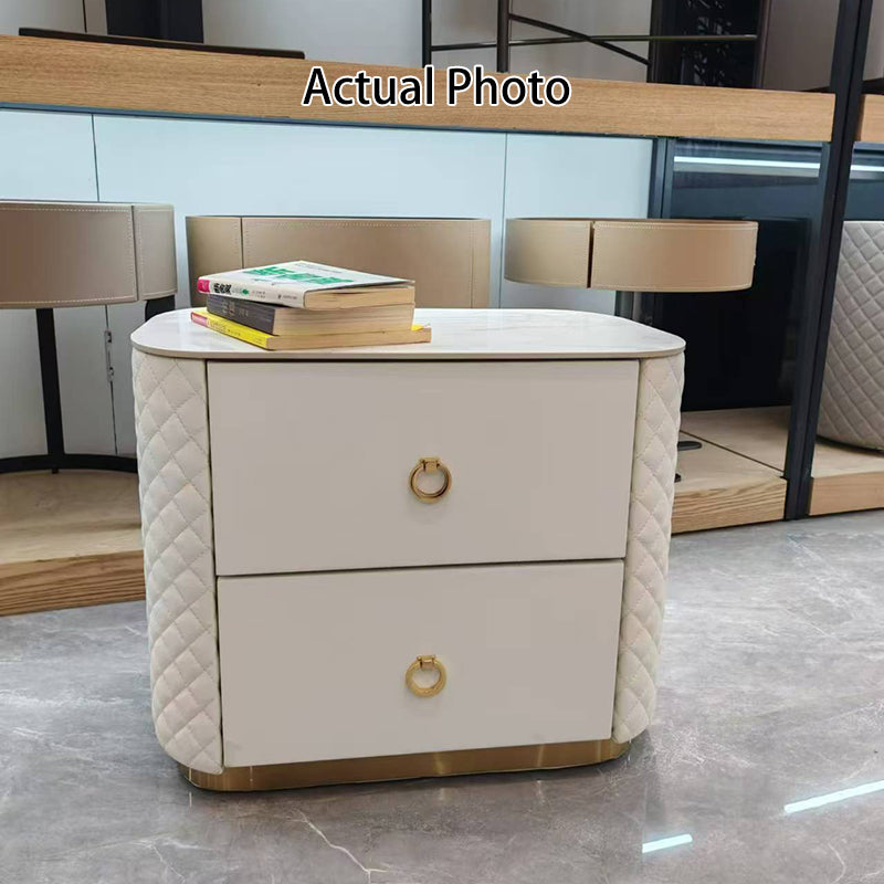Modern Luxury 2-Drawer Quilted Leather Nightstand - Gold Base & Marble Top Glam Diamond Stitching Bedside Table For Bedroom Lumendat