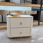 Modern Luxury 2-Drawer Quilted Leather Nightstand - Gold Base & Marble Top Glam Diamond Stitching Bedside Table For Bedroom Lumendat