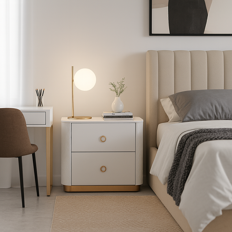 Modern Luxury 2-Drawer Quilted Leather Nightstand - Gold Base & Marble Top Glam Diamond Stitching Bedside Table For Bedroom Lumendat