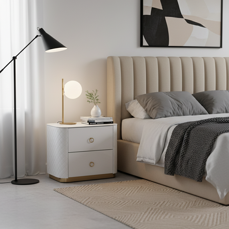 Modern Luxury 2-Drawer Quilted Leather Nightstand - Gold Base & Marble Top Glam Diamond Stitching Bedside Table For Bedroom Lumendat