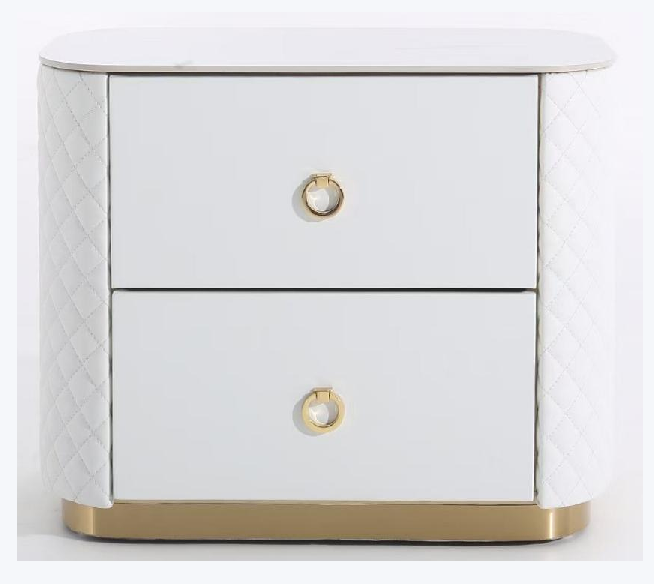 Modern Luxury 2-Drawer Quilted Leather Nightstand - Gold Base & Marble Top Glam Diamond Stitching Bedside Table For Bedroom Lumendat