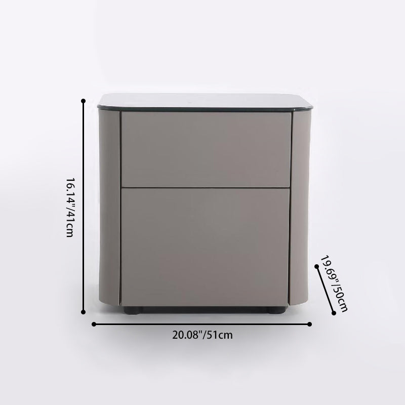 Modern Minimalist 2-Drawer Faux Leather Nightstand - Handleless Design & Black Glass Top Rounded Corner Bedside Table For Bedroom Lumendat