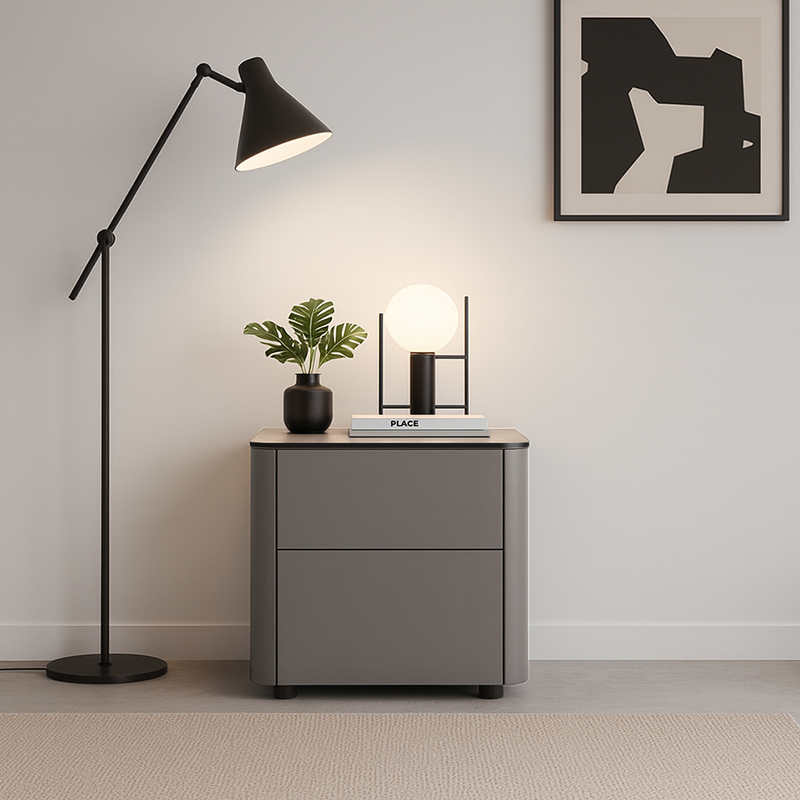 Modern Minimalist 2-Drawer Faux Leather Nightstand - Handleless Design & Black Glass Top Rounded Corner Bedside Table For Bedroom Lumendat
