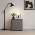 Modern Minimalist 2-Drawer Faux Leather Nightstand - Handleless Design & Black Glass Top Rounded Corner Bedside Table For Bedroom Lumendat