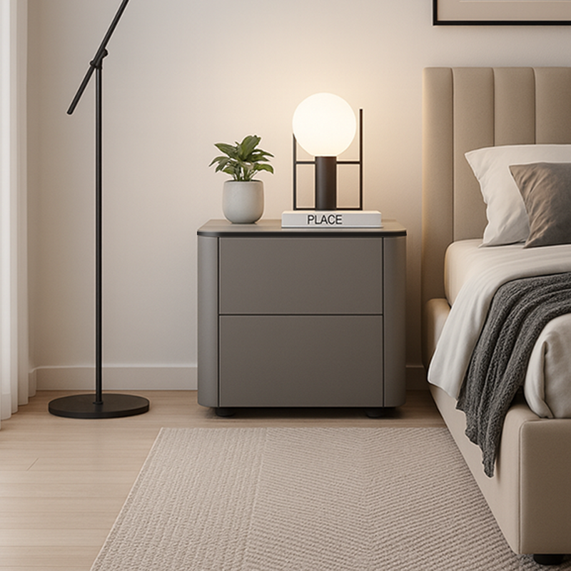 Modern Minimalist 2-Drawer Faux Leather Nightstand - Handleless Design & Black Glass Top Rounded Corner Bedside Table For Bedroom Lumendat