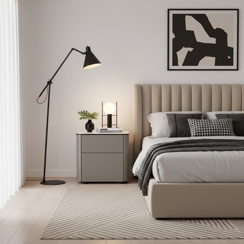 Modern Minimalist 2-Drawer Faux Leather Nightstand - Handleless Design & Black Glass Top Rounded Corner Bedside Table For Bedroom Lumendat
