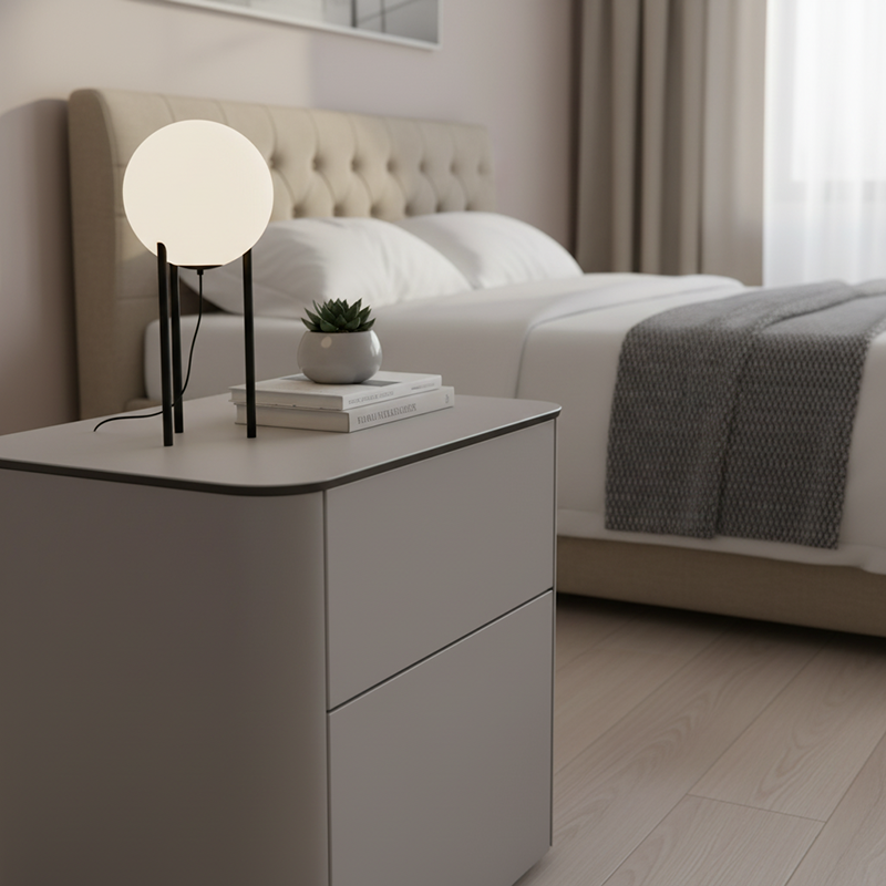 Modern Minimalist 2-Drawer Faux Leather Nightstand - Handleless Design & Black Glass Top Rounded Corner Bedside Table For Bedroom Lumendat