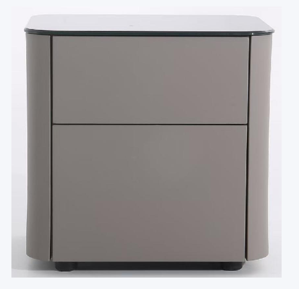 Modern Minimalist 2-Drawer Faux Leather Nightstand - Handleless Design & Black Glass Top Rounded Corner Bedside Table For Bedroom Lumendat