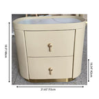 Contemporary Luxury 2-Drawer Oval Faux Leather Nightstand - Marble Top & Brass Pulls Retro Chic Gold Base Bedside Table For Bedroom Lumendat