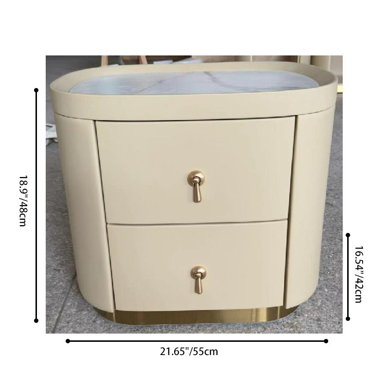 Contemporary Luxury 2-Drawer Oval Faux Leather Nightstand - Marble Top & Brass Pulls Retro Chic Gold Base Bedside Table For Bedroom Lumendat