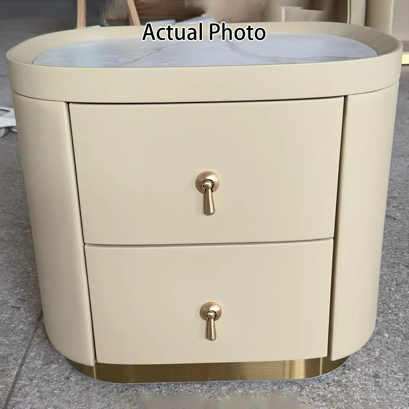 Contemporary Luxury 2-Drawer Oval Faux Leather Nightstand - Marble Top & Brass Pulls Retro Chic Gold Base Bedside Table For Bedroom Lumendat