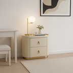 Contemporary Luxury 2-Drawer Oval Faux Leather Nightstand - Marble Top & Brass Pulls Retro Chic Gold Base Bedside Table For Bedroom Lumendat