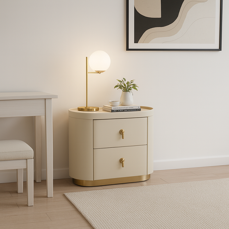 Contemporary Luxury 2-Drawer Oval Faux Leather Nightstand - Marble Top & Brass Pulls Retro Chic Gold Base Bedside Table For Bedroom Lumendat