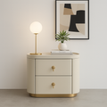 Contemporary Luxury 2-Drawer Oval Faux Leather Nightstand - Marble Top & Brass Pulls Retro Chic Gold Base Bedside Table For Bedroom Lumendat