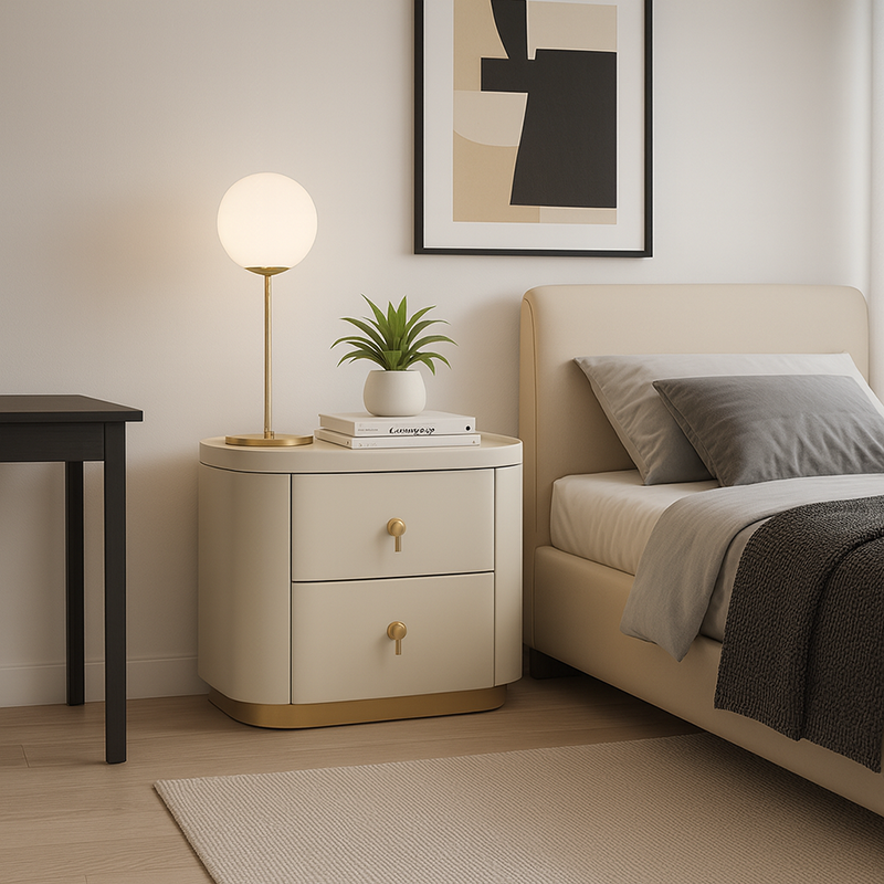 Contemporary Luxury 2-Drawer Oval Faux Leather Nightstand - Marble Top & Brass Pulls Retro Chic Gold Base Bedside Table For Bedroom Lumendat