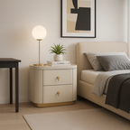 Contemporary Luxury 2-Drawer Oval Faux Leather Nightstand - Marble Top & Brass Pulls Retro Chic Gold Base Bedside Table For Bedroom Lumendat
