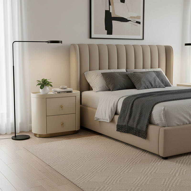 Contemporary Luxury 2-Drawer Oval Faux Leather Nightstand - Marble Top & Brass Pulls Retro Chic Gold Base Bedside Table For Bedroom Lumendat