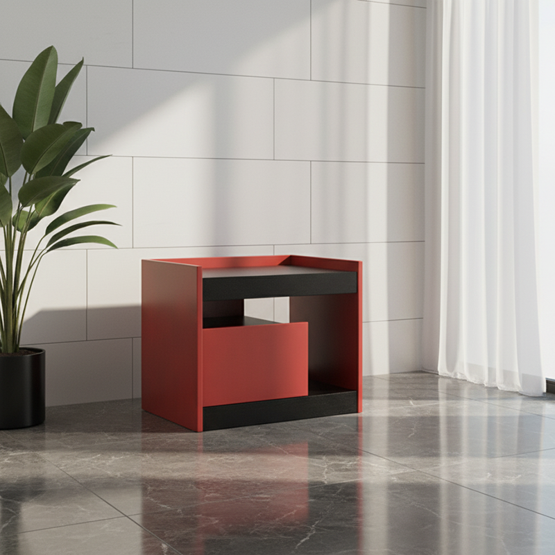 Modern Minimalist Two-Tone Nightstand 1-Drawer - Black Oak & Scarlet Accent Storage Bedside Table For Bedroom Lumendat
