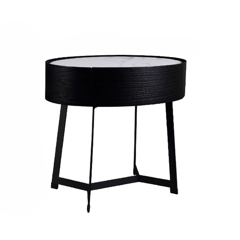 Contemporary Luxury High-Leg Nightstand: Marble Look Sintered Stone - Robot Vacuum Friendly Metal Base 1-Drawer Bedside Table For Bedroom Lumendat