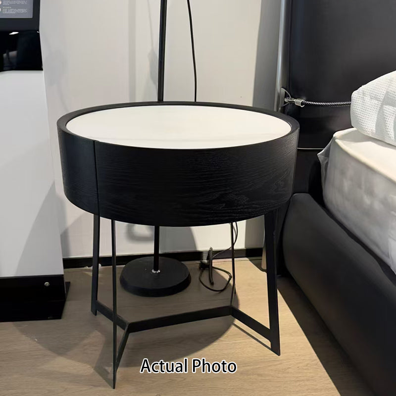 Contemporary Luxury High-Leg Nightstand: Marble Look Sintered Stone - Robot Vacuum Friendly Metal Base 1-Drawer Bedside Table For Bedroom Lumendat