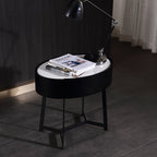 Contemporary Luxury High-Leg Nightstand: Marble Look Sintered Stone - Robot Vacuum Friendly Metal Base 1-Drawer Bedside Table For Bedroom Lumendat