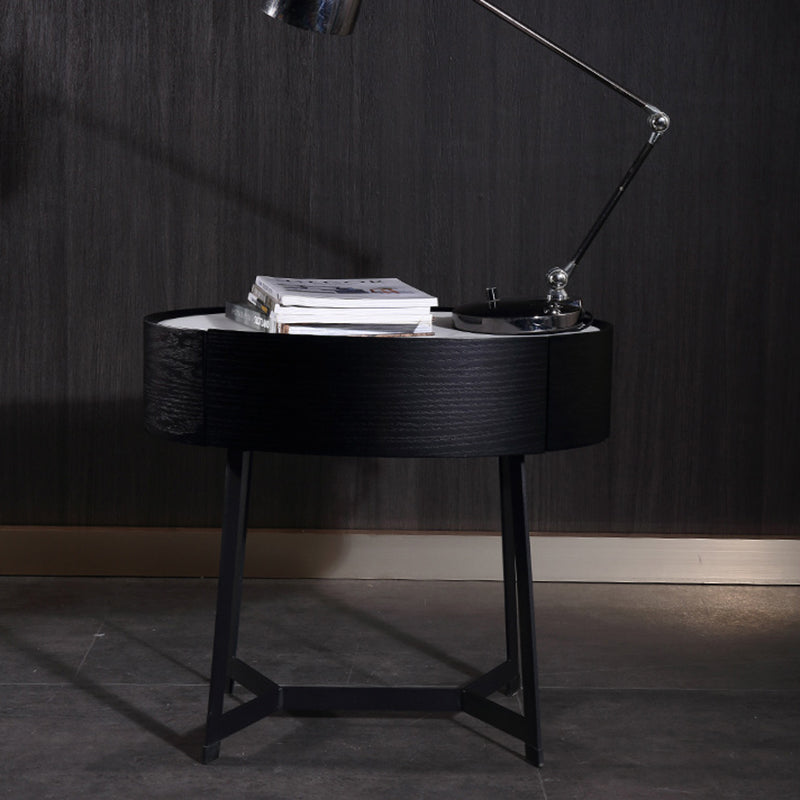 Contemporary Luxury High-Leg Nightstand: Marble Look Sintered Stone - Robot Vacuum Friendly Metal Base 1-Drawer Bedside Table For Bedroom Lumendat