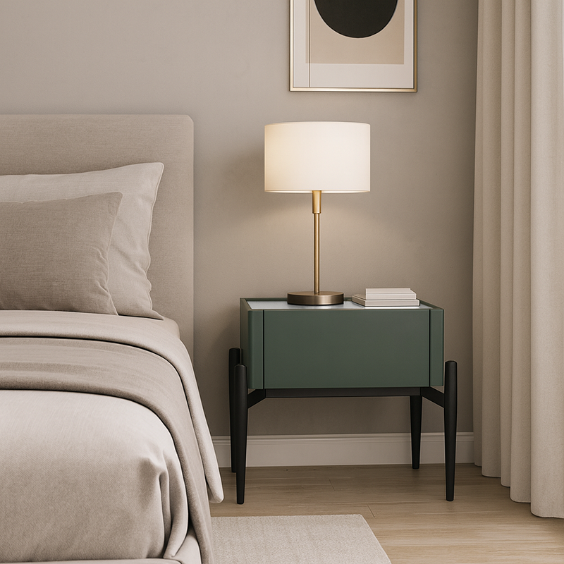 Modern Luxury Dark Green 1-Drawer Nightstand: Stiletto Legs High-End Accent Bedside Table For Bedroom Lumendat
