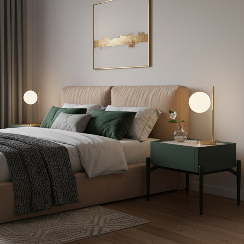 Modern Luxury Dark Green 1-Drawer Nightstand: Stiletto Legs High-End Accent Bedside Table For Bedroom Lumendat