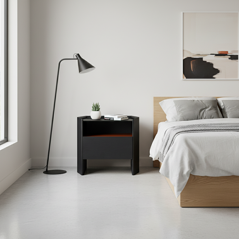 Modern Luxury Floating Dual Color Block Nightstand: Tempered Glass Top - Single Solid Wood Drawer Bedside Table For Bedroom Lumendat