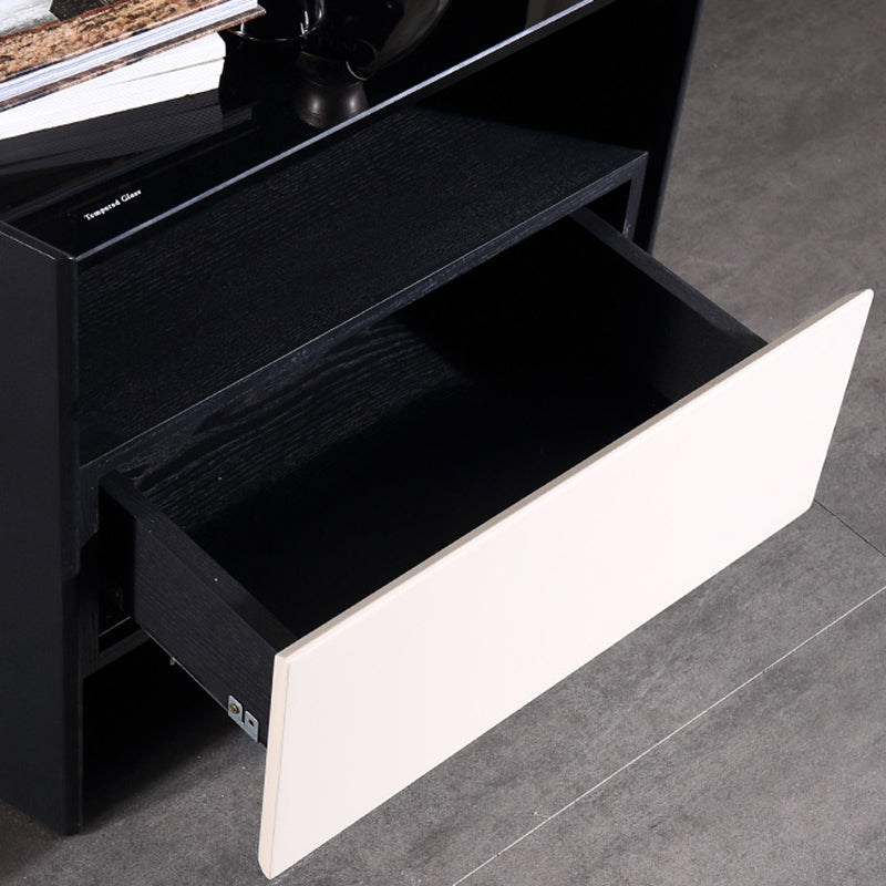 Modern Luxury Floating Dual Color Block Nightstand: Tempered Glass Top - Single Solid Wood Drawer Bedside Table For Bedroom Lumendat