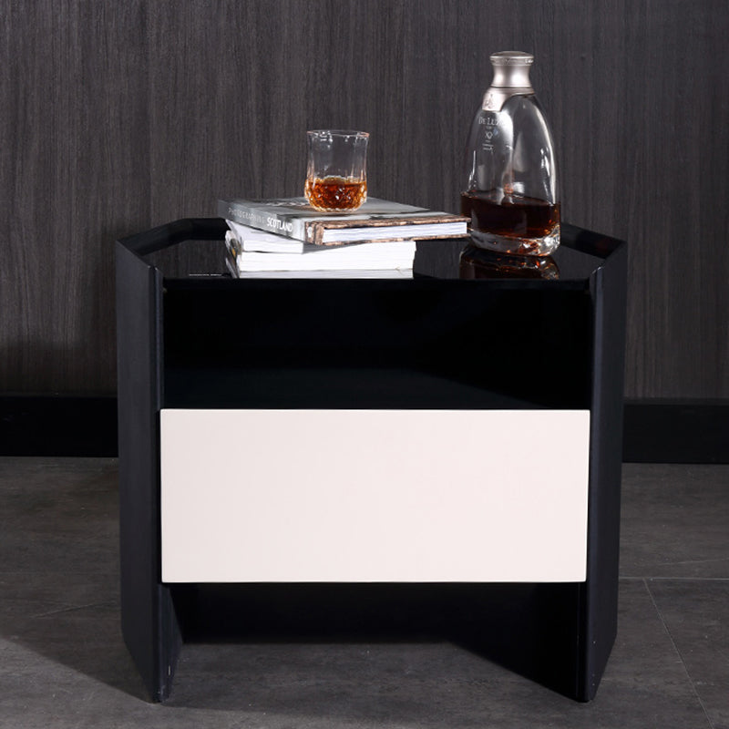 Modern Luxury Floating Dual Color Block Nightstand: Tempered Glass Top - Single Solid Wood Drawer Bedside Table For Bedroom Lumendat