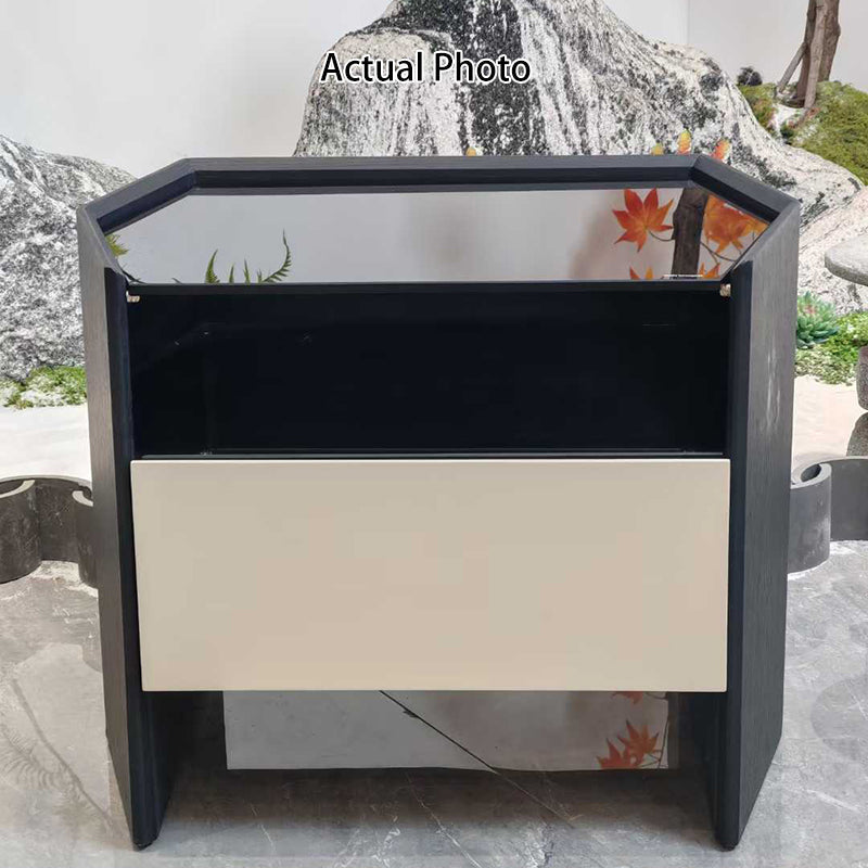 Modern Luxury Floating Dual Color Block Nightstand: Tempered Glass Top - Single Solid Wood Drawer Bedside Table For Bedroom Lumendat