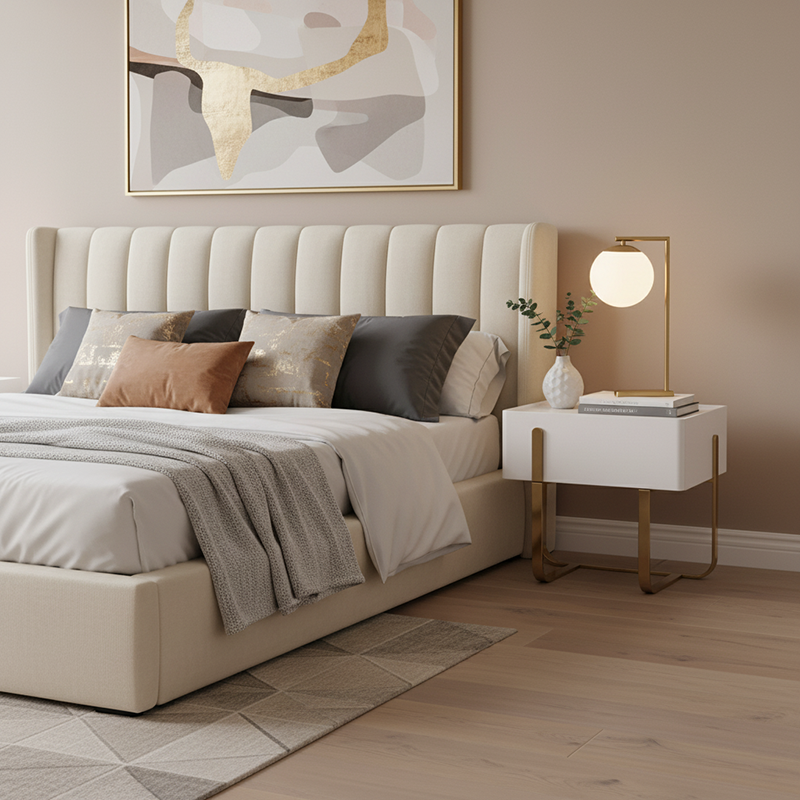 Modern Luxury Matte Beige Nightstand: Floating Design Titanium-Coated Stainless Steel-Single Drawer Bedside Table For Bedroom Lumendat