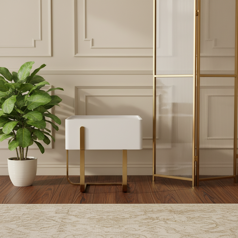 Modern Luxury Matte Beige Nightstand: Floating Design Titanium-Coated Stainless Steel-Single Drawer Bedside Table For Bedroom Lumendat