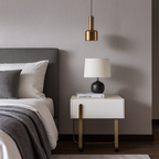 Modern Luxury Matte Beige Nightstand: Floating Design Titanium-Coated Stainless Steel-Single Drawer Bedside Table For Bedroom Lumendat