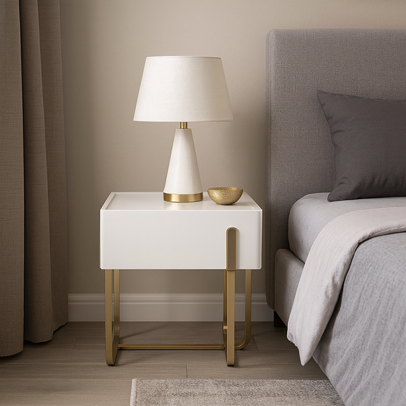 Modern Luxury Matte Beige Nightstand: Floating Design Titanium-Coated Stainless Steel-Single Drawer Bedside Table For Bedroom Lumendat