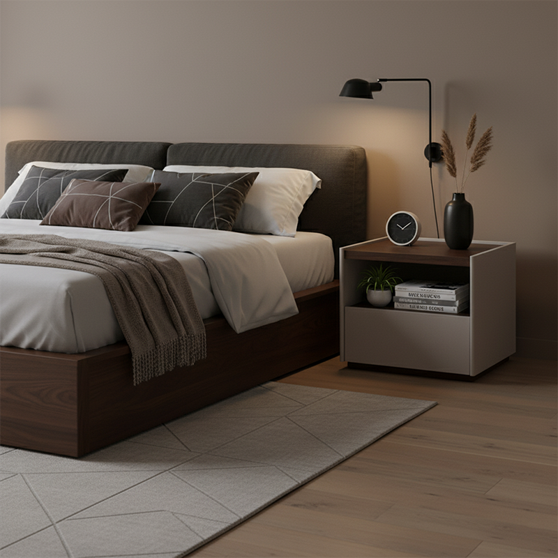 Contemporary Scandinavian Single Drawer Nightstand: Off-White Lacquered Minimalist Design - Veneered Storage Bedside Table For Bedroom Lumendat
