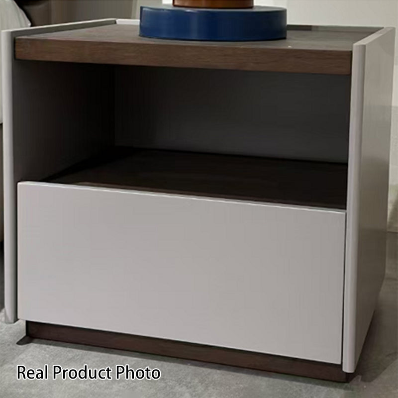Contemporary Scandinavian Single Drawer Nightstand: Off-White Lacquered Minimalist Design - Veneered Storage Bedside Table For Bedroom Lumendat