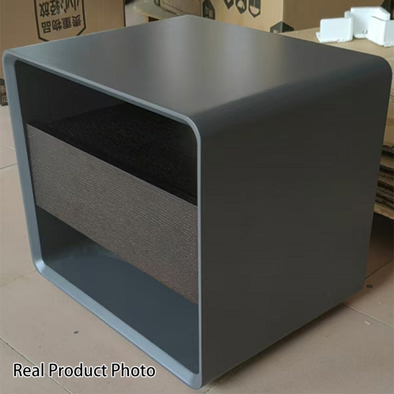 Modern Minimalist Black Lacquer Bedside Table: Wood Veneer Single Drawer - Elegant Open Cubby Storage Nightstand For Bedroom Lumendat