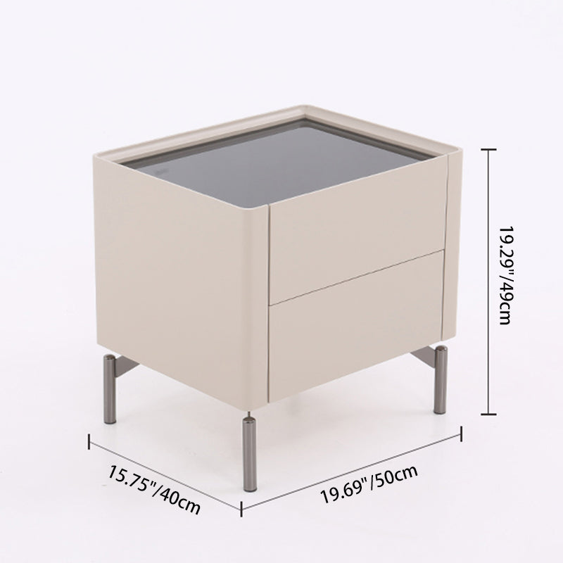 Modern Minimalist Beige Nightstand: Black Tempered Glass Top - Dual-Drawer Storage Bedside Table For Bedroom Lumendat