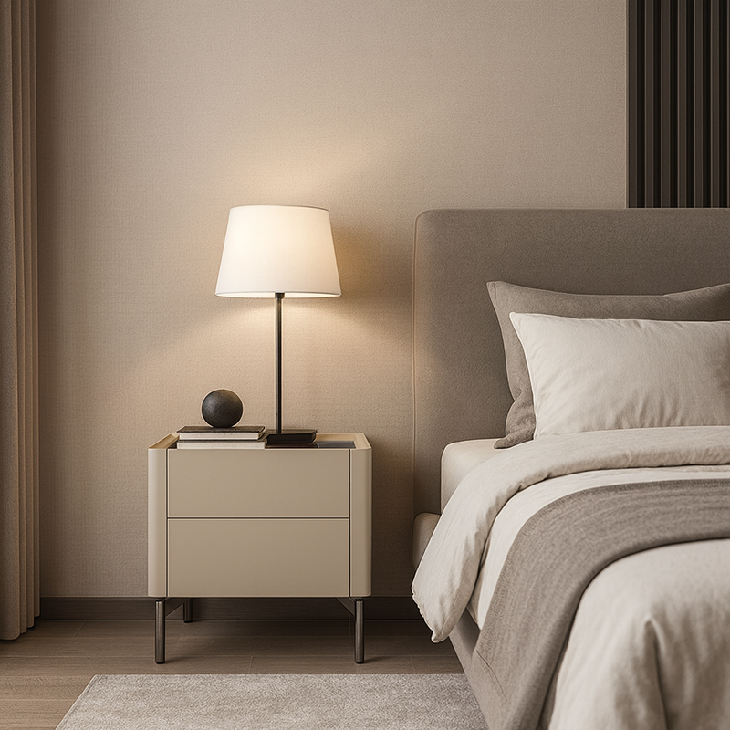 Modern Minimalist Beige Nightstand: Black Tempered Glass Top - Dual-Drawer Storage Bedside Table For Bedroom Lumendat